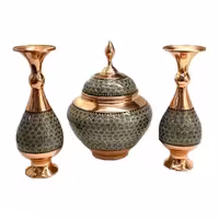 ست قندان سیبی و گلدان صراحی مس و خاتم کاری