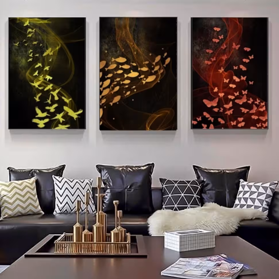 تابلو دکوراتیو فانتزی رنگی با زمینه مشکی سه تکه سایز هرتکه 60در40