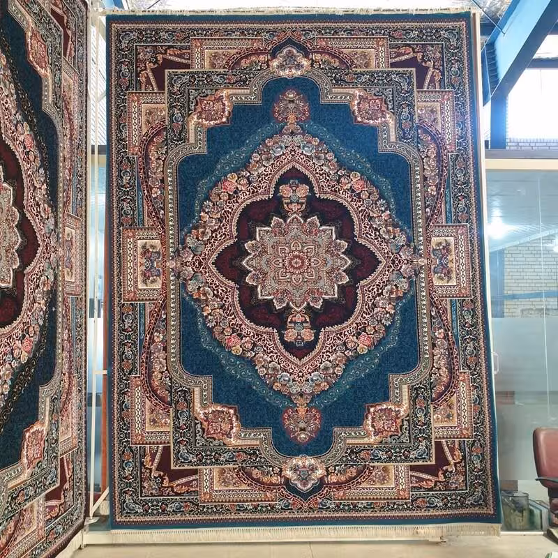 فرش ماشینی کاشان طرح باغ معلق آبی9متری440شانهBCF(باارسال رایگان)