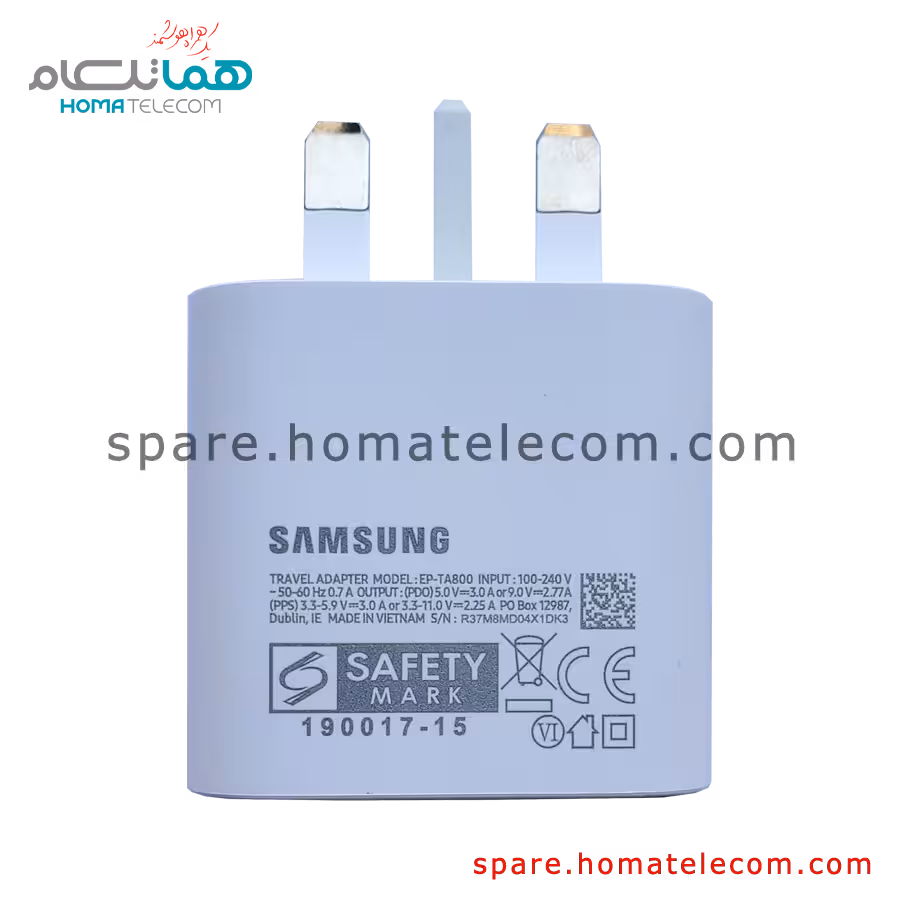 شارژر در حد نو سه شاخه 25 وات سامسونگ گلکسی A33 و A52 و A52 5G و A52s 5G و A53 و A70 و A71 و A72 و A73 و سری اس21 و اس 10 لایت و اس 10 پلاس و اس 20 اولترا و نوت 10 لایت و نوت 10 پلاس و نوت20 اولترا و زد فیلیپ مدل EP-TA800