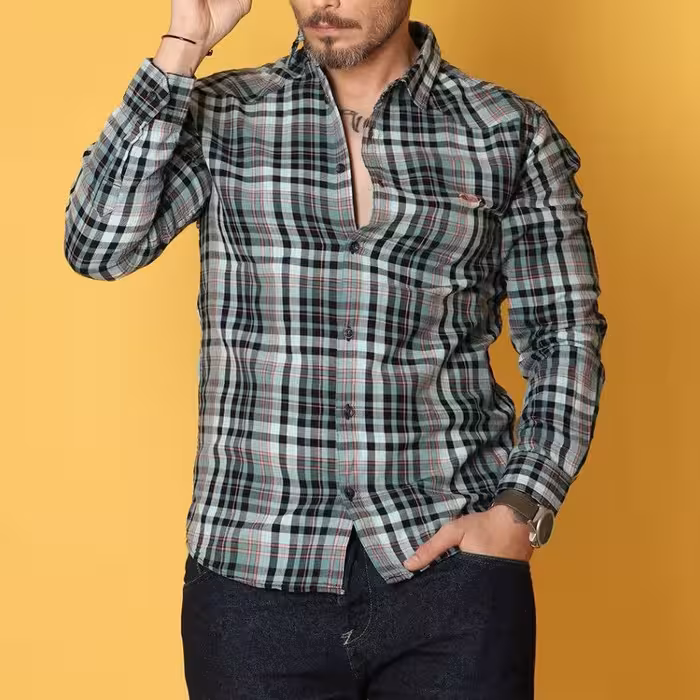 پیراهن مردانه سایز مدیوم رنگ سبز آبی آستین بلند چهارخانه 