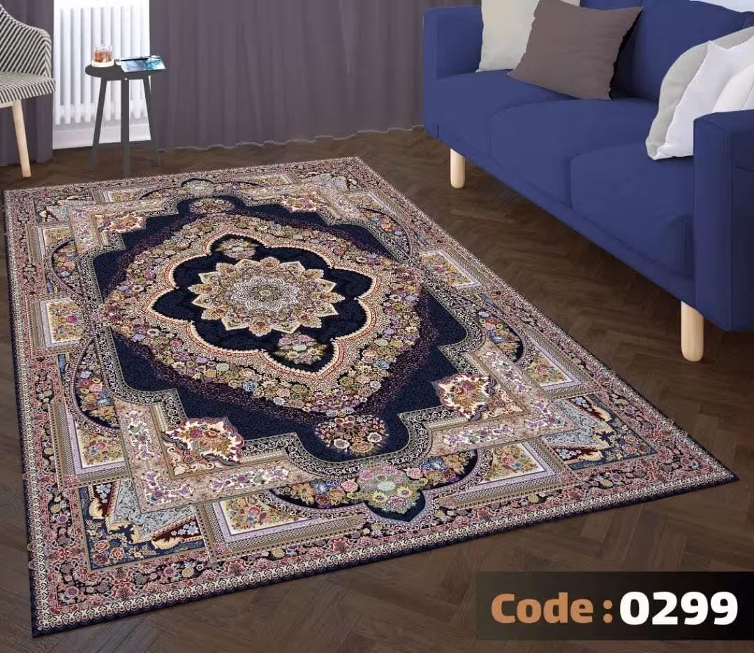 کاورفرش روفرشی دورکشدار گوشه لیفه ای لاکی ، آبی و متنوع کد 0299