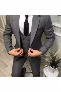 کت و شلوار لیست شده با یقه باریک و رنگ ساده - 5289