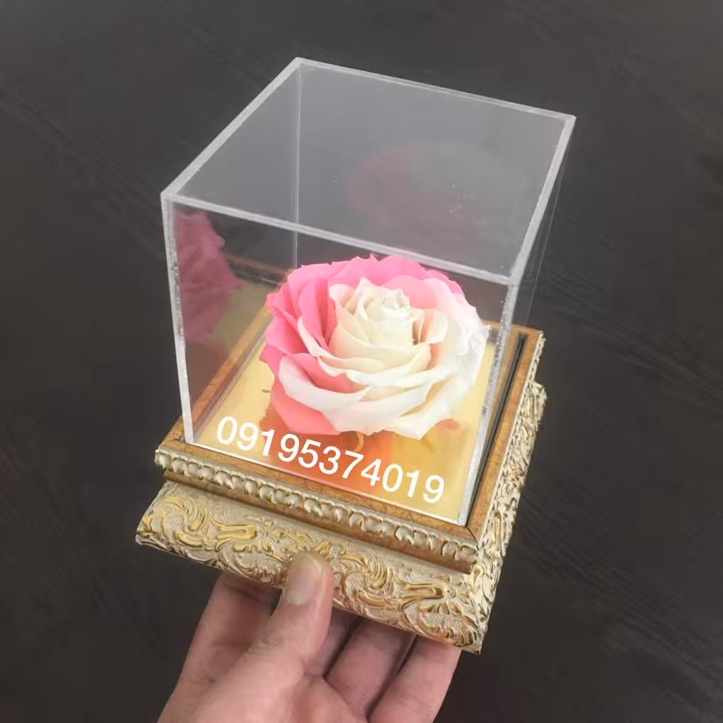 گل رز جاودان با باکس رومیزی و تزئین ربان دلخواه همراه ساک دستی
