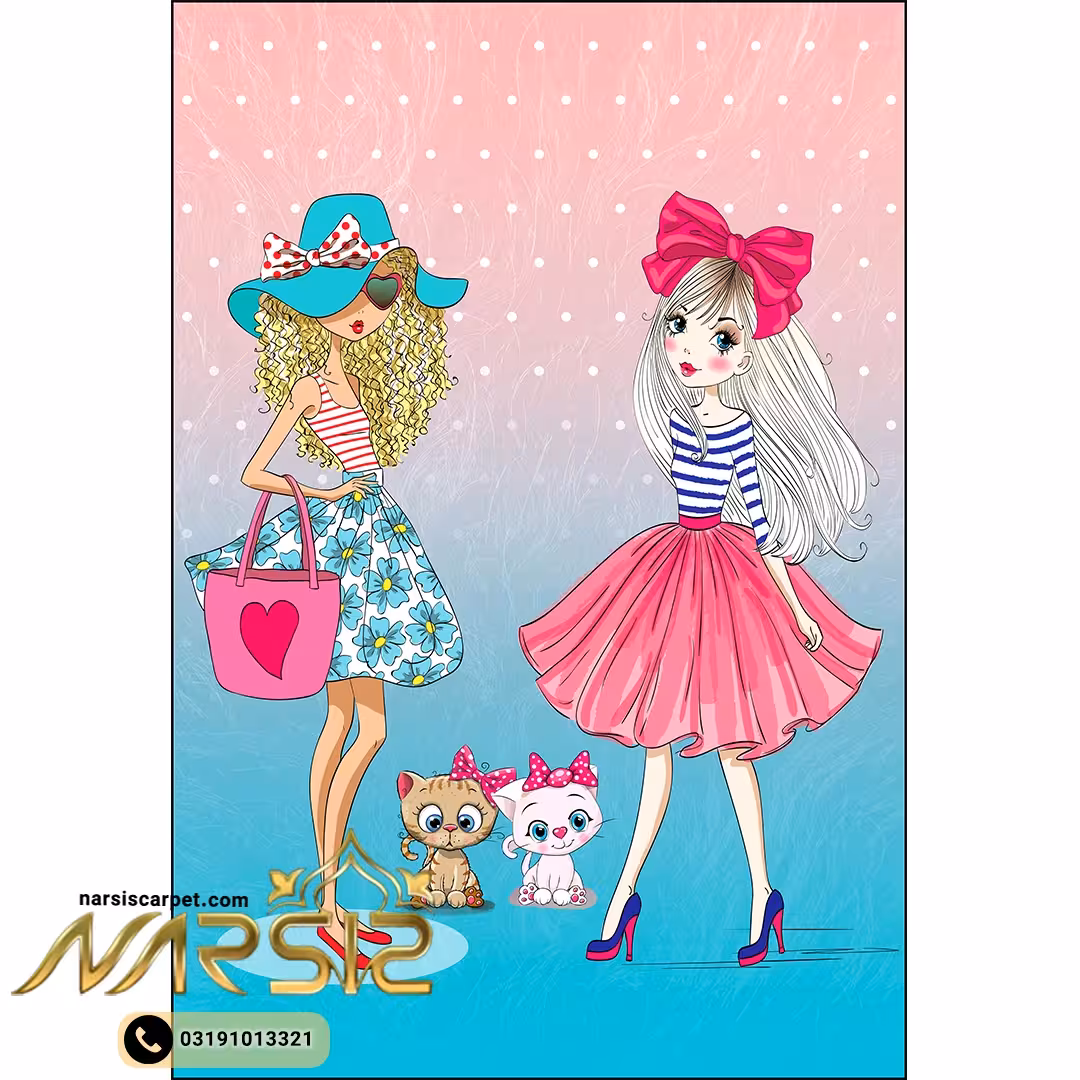 فرشینه کودک دخترانه طرح دو باربی و گربه ها کد 6098
