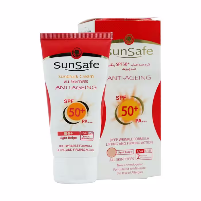کرم ضد آفتاب و ضد چروک سان سیف SPF50 رنگ بژ روشن حجم 50 میلی لیتر Sunsafe Anti Agening Sunscreen Cream SPF50  50 ml
