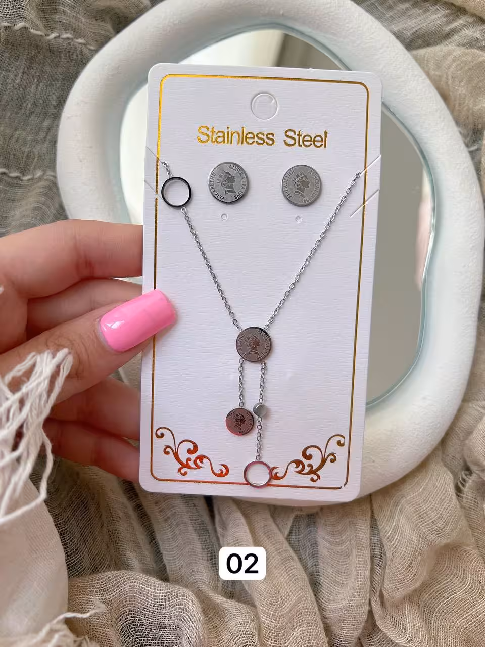 کالکشن نیمست استیل888نیم ست استیل/گردنبند گوشواره/استیل و‌رنگ ثابت/ضدحساسیت/کیفیت بالا/حموم ازاد