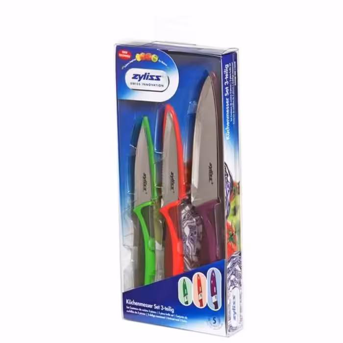 ست 3 عددی چاقو زایلیس | مدل E72404 | ست چاقوی آشپزخانه حرفه‌ای | تیغه‌های فولاد ضد زنگ | دسته‌های ارگونومیک | شامل چاقوی سرآشپز، چاقوی همه‌کاره و چاقوی میوه‌خوری | ابزار ضروری آشپزخانه