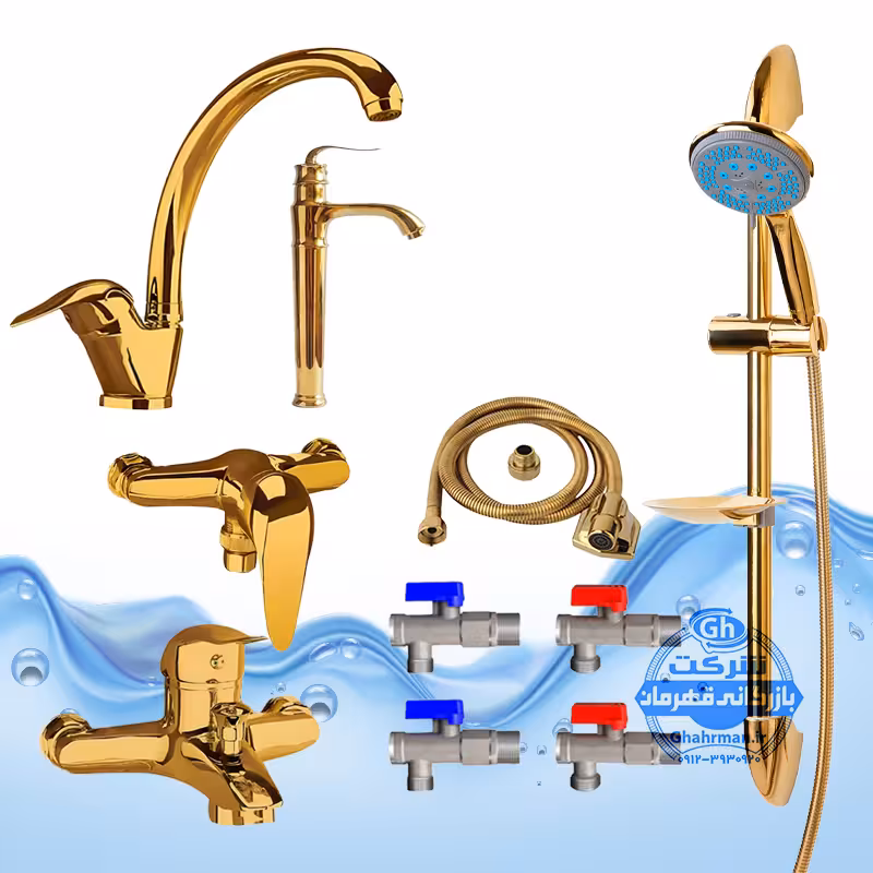 ست 10 عددی شیرآلات برند آیدا صنعت مدل قهرمان اردکی | شیر ظرفشویی   شیر روشویی پایه‌بلند   شیر حمام   شیر توالت   علم دوش یونیکا   شلنگ توالت   چهار عدد شیر پیسوار | طلایی براق