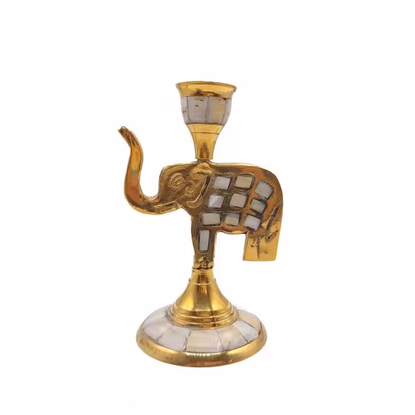 شمعدان برنجی و صدف هندی طرح فیل ارتفاع15 کد 210061