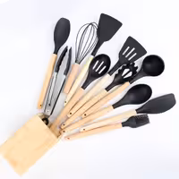 سرویس کفگیر و ملاقه سیلیکونی با استند چوبی