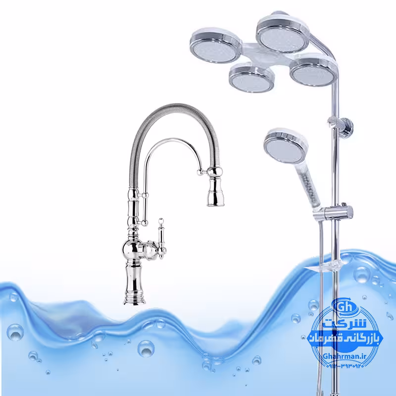 ست 2 عددی شیر ظرفشویی بیزانس تک‌منظوره و علم دوش یونیورست مدل هلی شاتی | کروم براق | شیرآلات برند آیدا صنعت مدل قهرمان