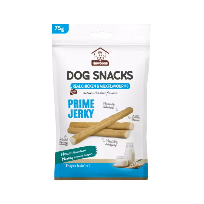 تشویقی سگ اسنک نرم طعم شیر مدل prime jerky برند How Bone هاو بن 75 گرمی