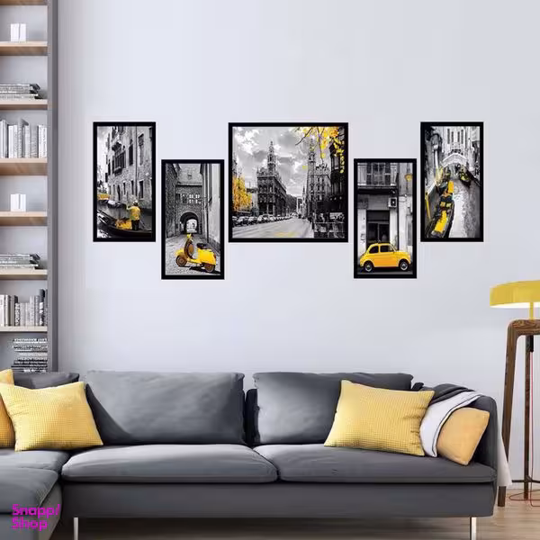 تابلو بکلیت طرح مدرن منظره شهر و ماشین مدل B-1935 مجموعه 5 عددی