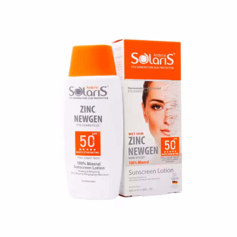 لوسیون ضد آفتاب و التیام بخش پوست حساس بی رنگ SPF50 سولاریس آردن 100 میل