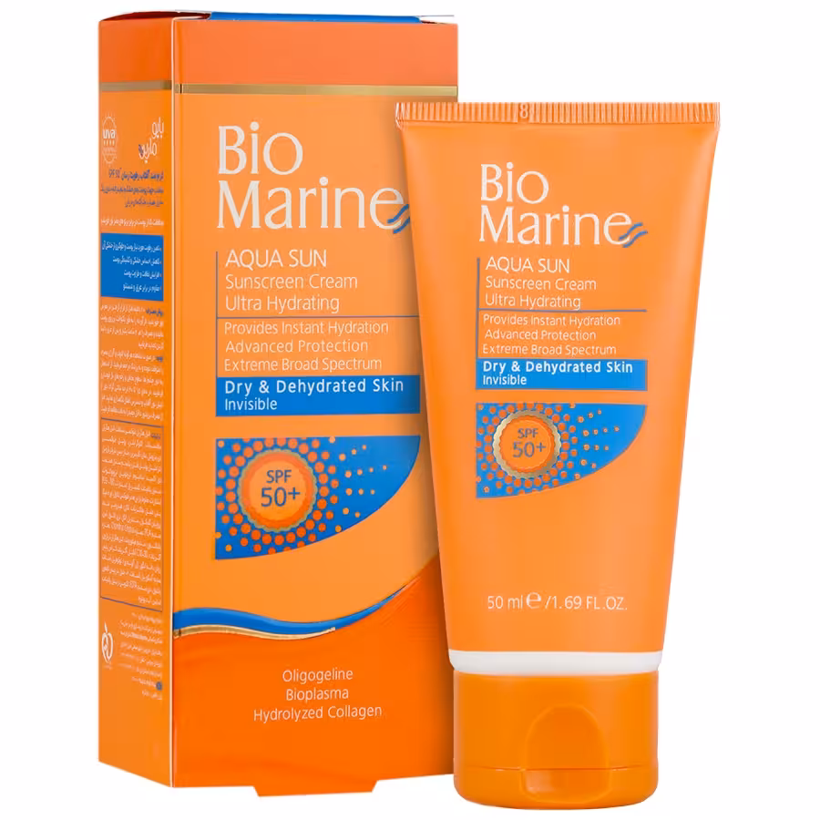 کرم ضدآفتاب رطوبت رسان بایومارین 50 میل با SPF 50 مناسب پوست خشک تا نرمال
