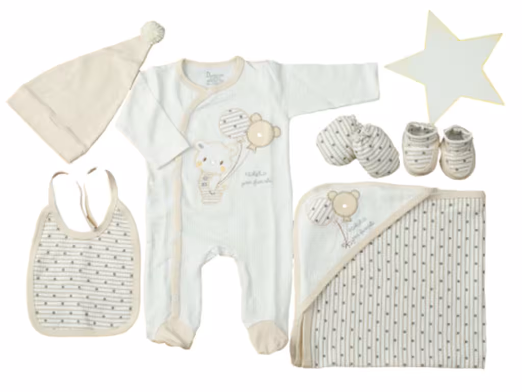 ست بیمارستانی 7 تکه رنگ شیری طرح خرس و بادکنک دانالو danaloo