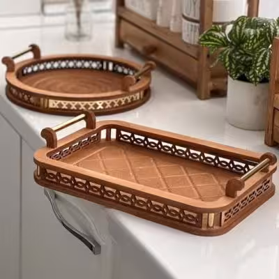 سینی چوبی مستطیل دسته نرده طلایی