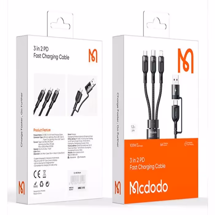 کابل تبدیل USB/USB-C به MicoUSB/ USB-C / لایتنیگ مک دودو مدل CA-8800 100W PD طول 1.2 متر