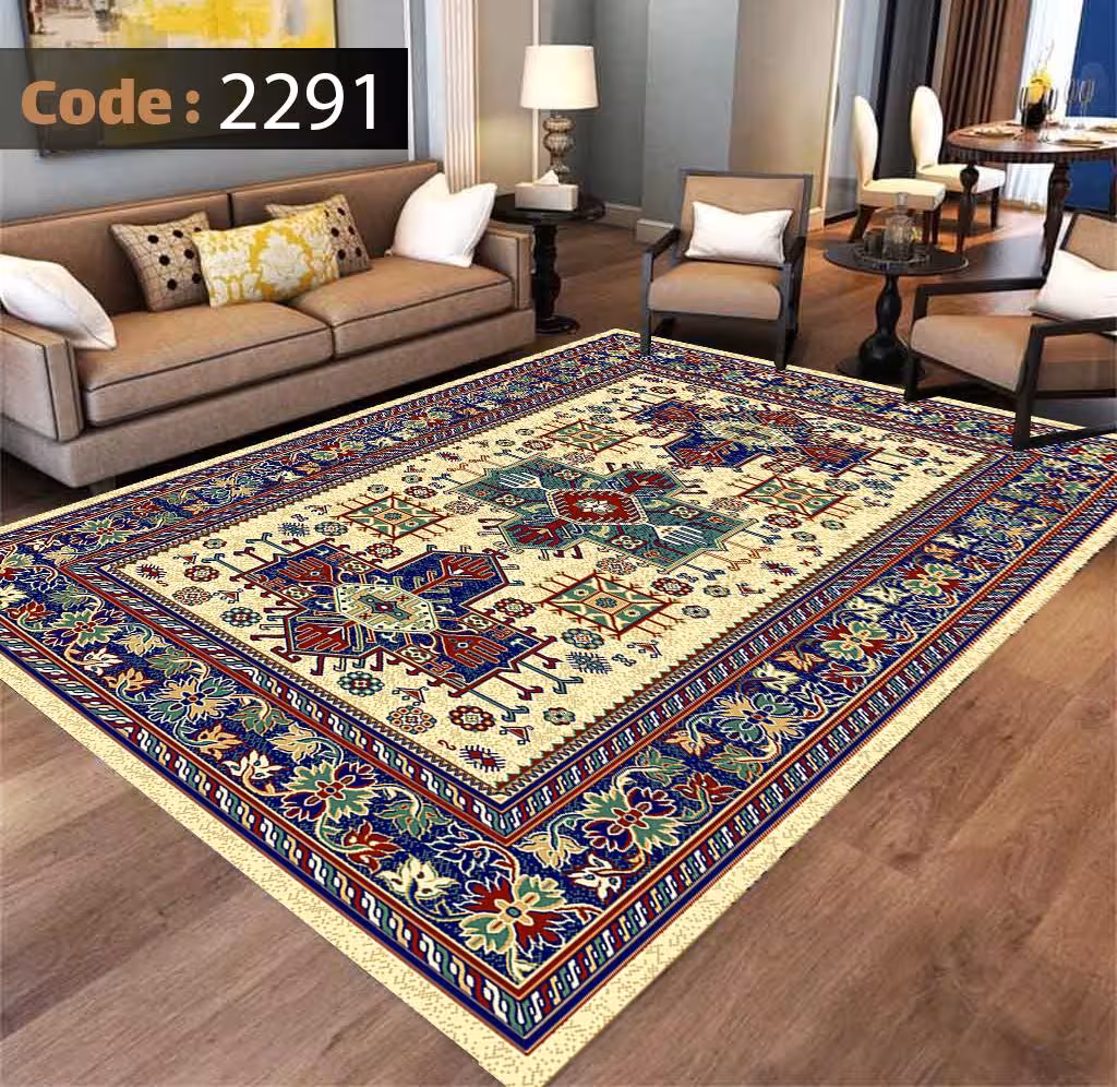 کاورفرش روفرشی دورکشدار گوشه لیفه ای لاکی ، آبی و متنوع کد 2291