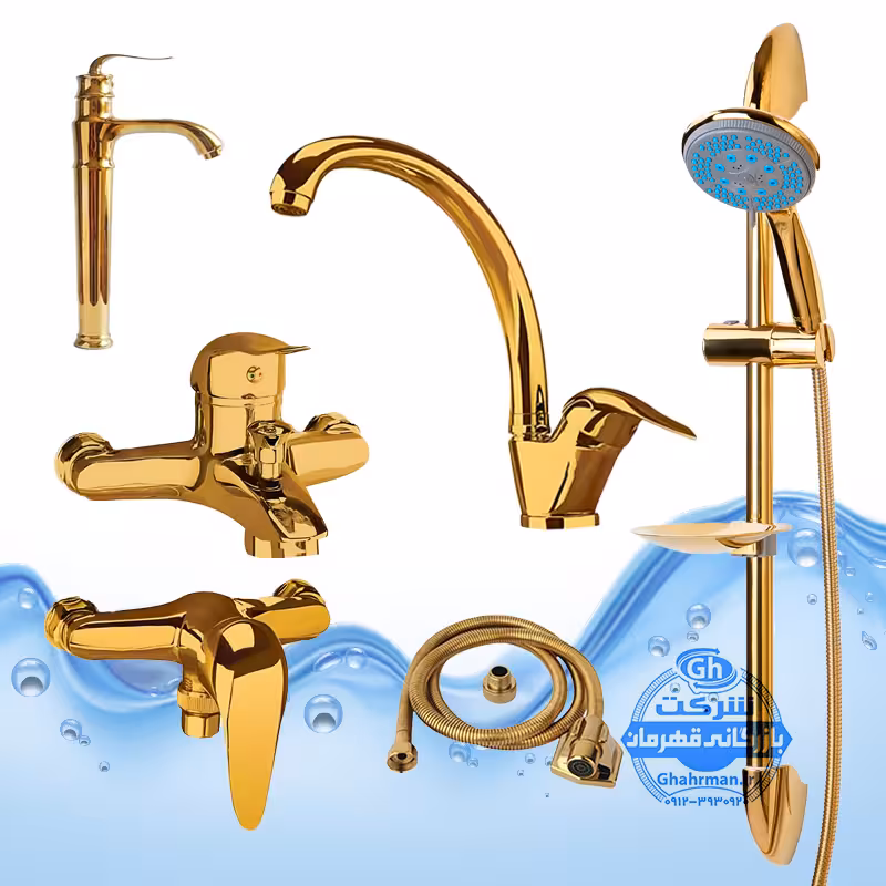 ست 6 عددی شیرآلات برند آیدا صنعت مدل قهرمان | شیر ظرفشویی   روشویی پایه‌بلند بامبو   حمام   توالت   علم دوش یونیکا   شلنگ توالت | طلایی براق