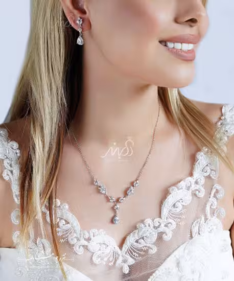 💍نیم ست  (گردنبند و گوشواره)جواهری خاص و زیبا آویز دار با طراحی ژورنالی جواهرات ؛ نقره عیار 925 (N_4148)