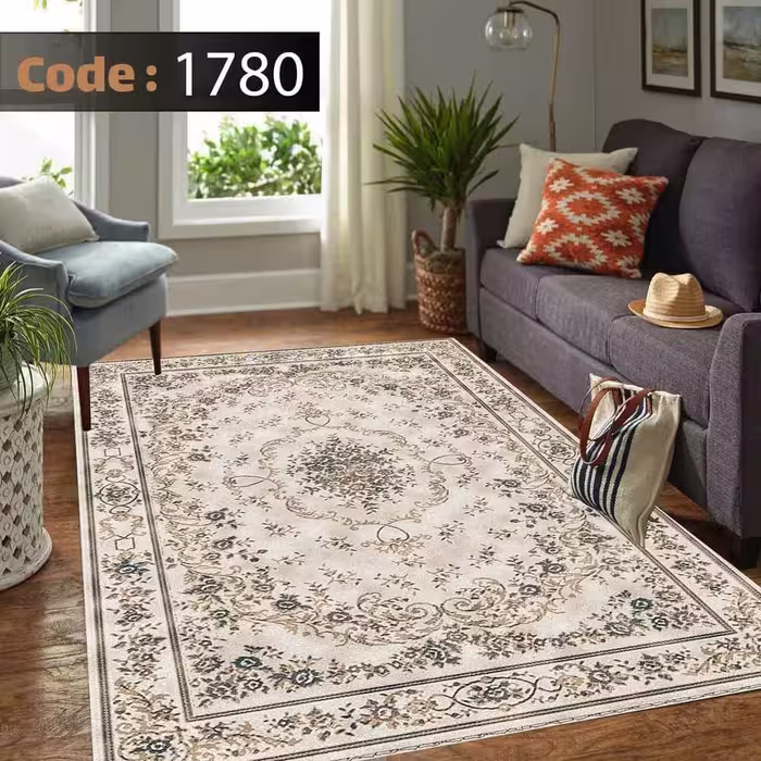کاورفرش روفرشی دورکشدار گوشه لیفه ای کرم  قهوه ای کد 1780