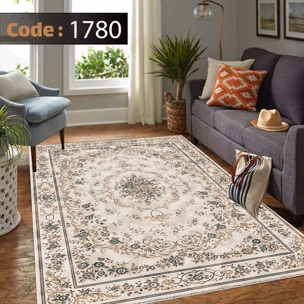 کاورفرش روفرشی دورکشدار گوشه لیفه ای کرم  قهوه ای کد 1780
