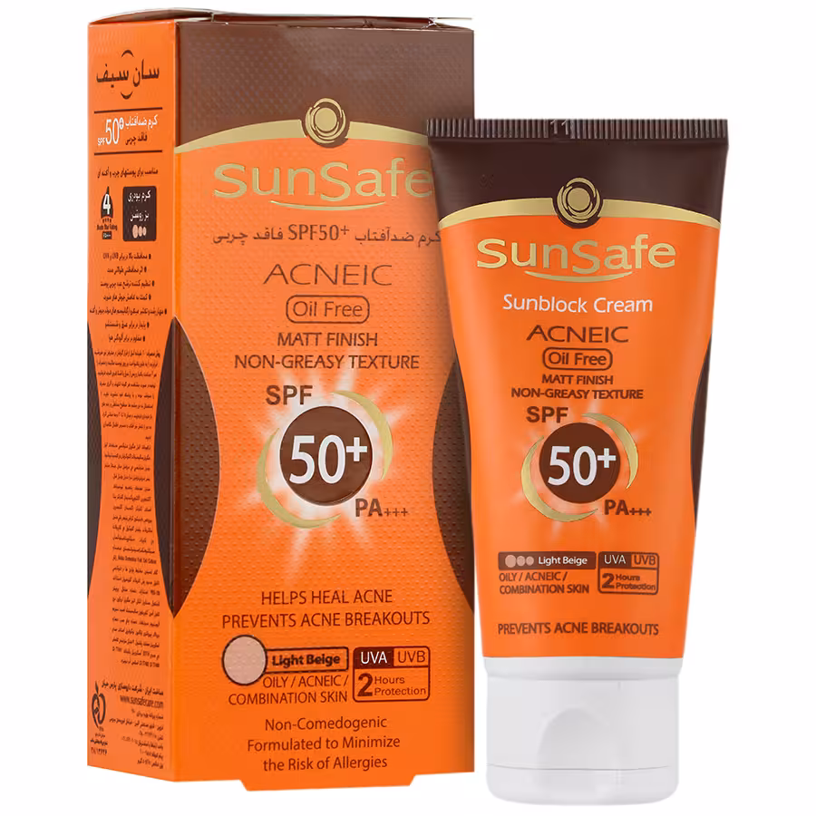 کرم ضد آفتاب فاقد چربی SPF50 سان سیف مناسب پوست چرب و آکنه ای حجم 50 میلی لیتر