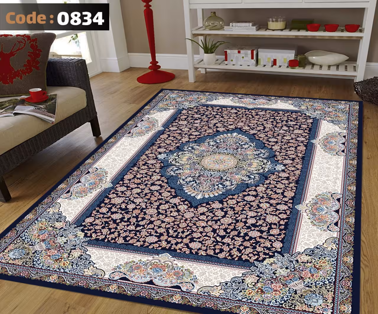 کاورفرش روفرشی دورکشدار گوشه لیفه ای لاکی ، آبی و متنوع کد 0834
