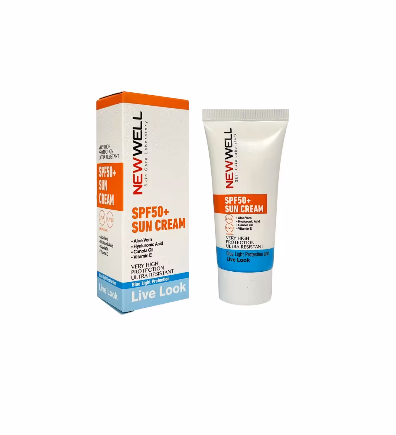 کرم ضد آفتاب نیوول NEWWELL با SPF 50 بی رنگ مناسب انواع پوست حجم 50 میل