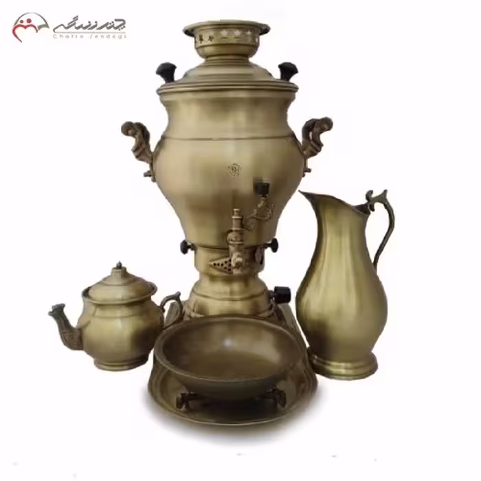 سرویس سماور گازی برنجی کد 113 طرح ترنج رنگ آنتیک