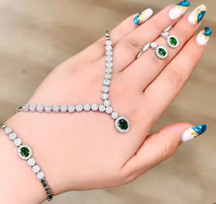 سرویس نقره زمرد جواهری زنانه کد 60276