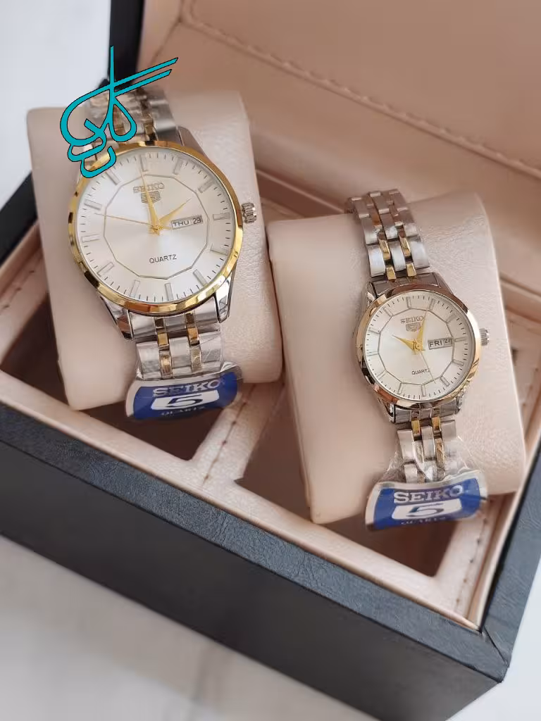خرید ست ساعت مردانه و زنانه سیکو رنگ ثابت دارای دو تقویم ماهانه و هفتگی دارای قفل ضامن دار کیفیت عالی دارای کد 2117222 - ردگل