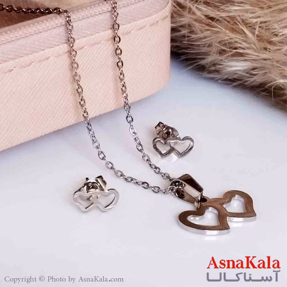 نیمست استیل دخترانه طرح دوقلب کنارهم رنگ نقره ای کد NIM14338W