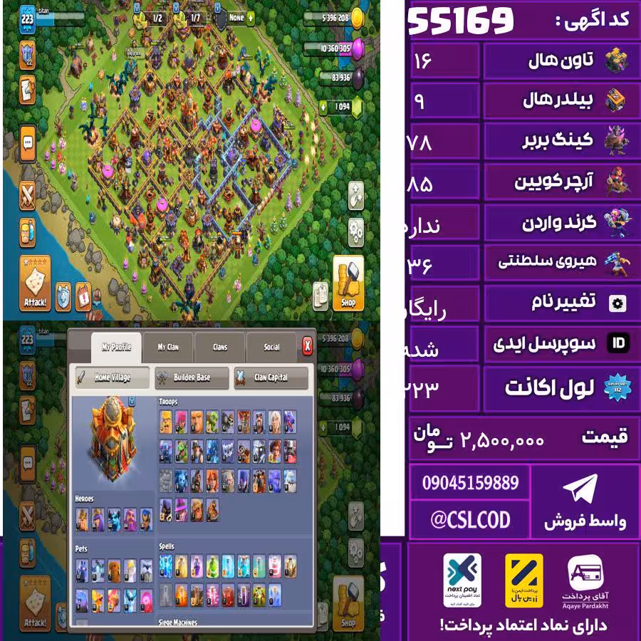 اکانت کلش لول 223 تاون 16 لول 78 کویین 85 واردن  رویال چمپیون 36 شاهزاده مینیون 60 تغییرنام رایگان کد 55169