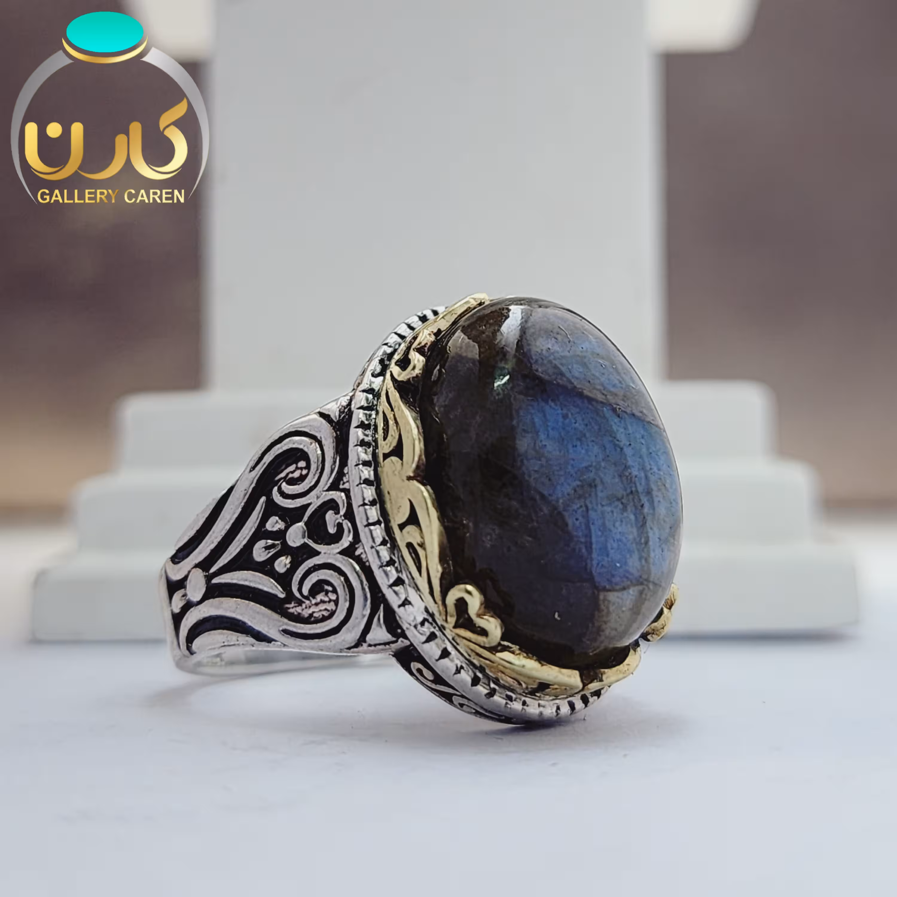 نگین لابرادوریت اصل و معدنی با رکاب نقره مردانه زیبا 