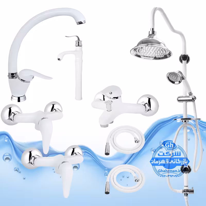 ست 8 عددی شیرآلات برند آیدا صنعت مدل قهرمان اردکی | شیر ظرفشویی   روشویی پایه‌بلند   حمام   دو عدد توالت   علم دوش یونیورست شیپوری   دو شلنگ توالت | سفید کروم براق