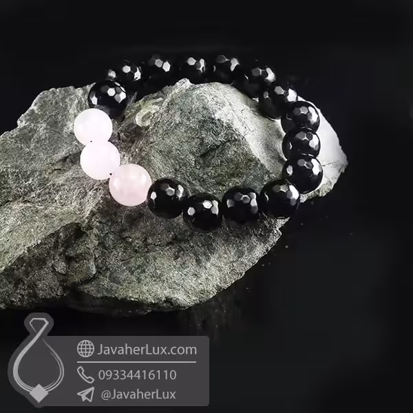 دستبند عقیق سیاه و رز کوارتز _ کد : 400700
