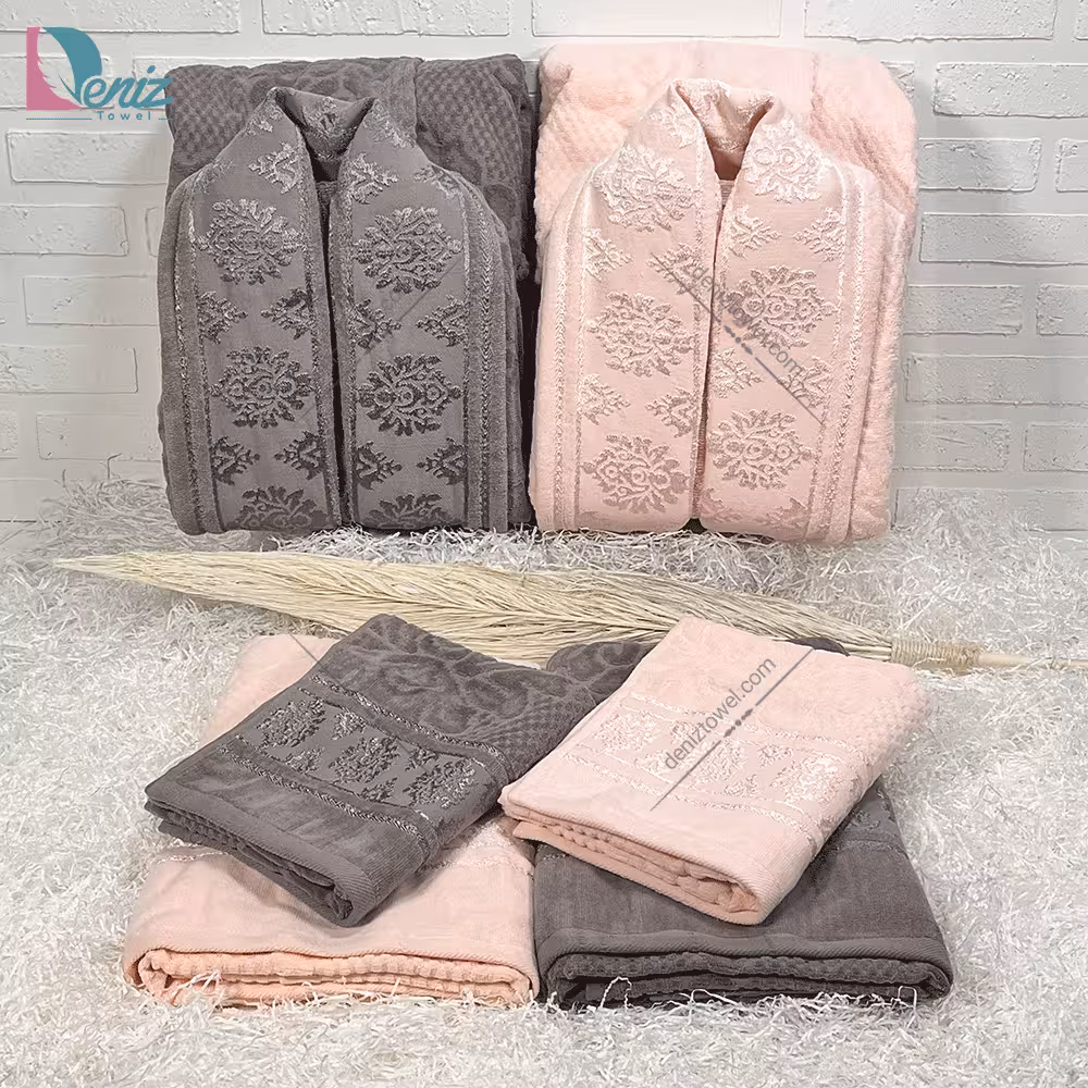 حوله ست دو نفره ژاکارد رنگ سنگی و گلبهی روشن