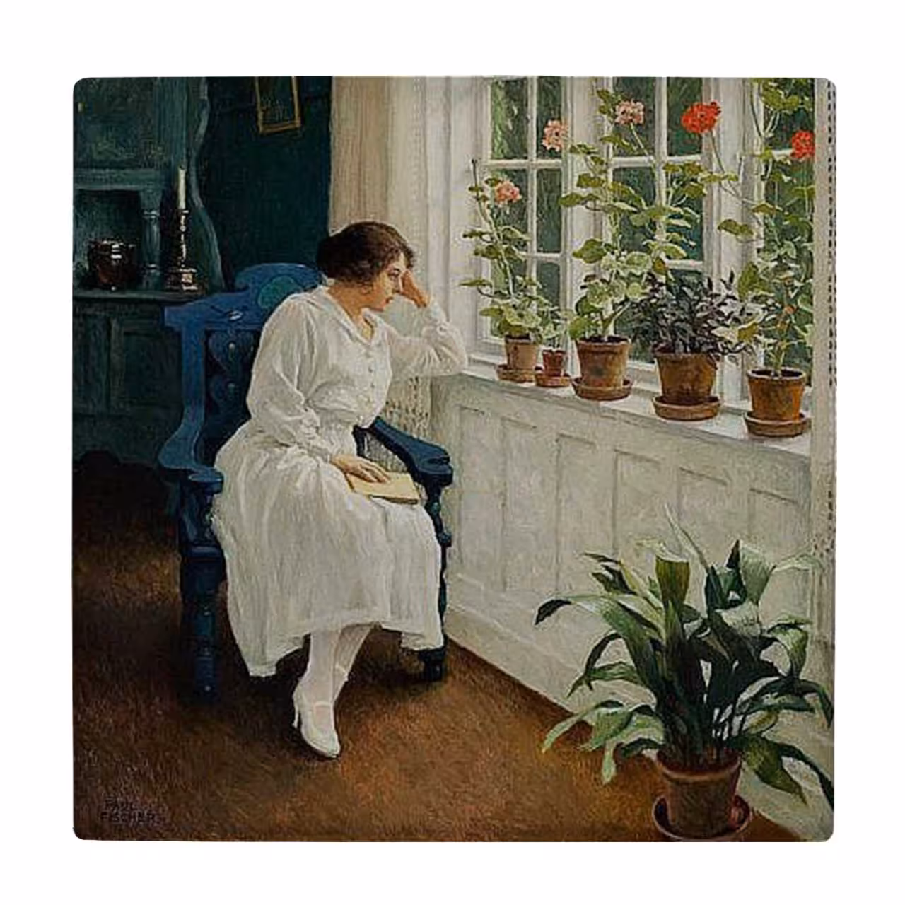 زیر لیوانی  طرح بانوی کتابخوان و گلدان های شمعدانی کد    5862936_4386