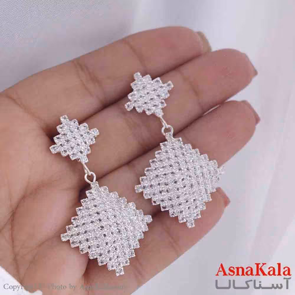 گوشواره جواهری مدل آویز نگیندار رنگ نقره ای کد GSH151976W