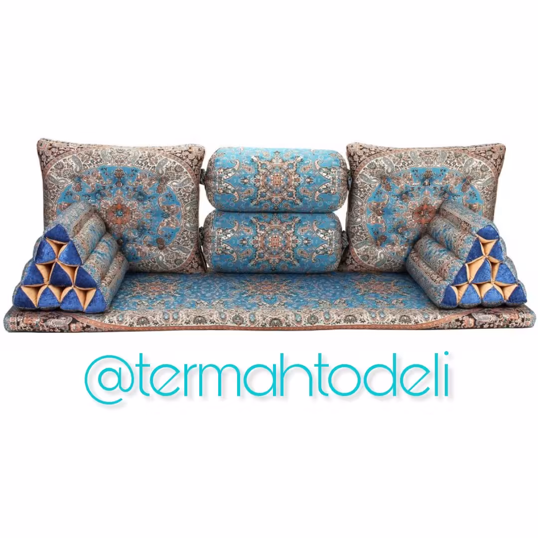 سرویس شاهنشین ترمه تو دلی طرح شاهسوند آبی درباری سه نشیمن ست 7 تیکه