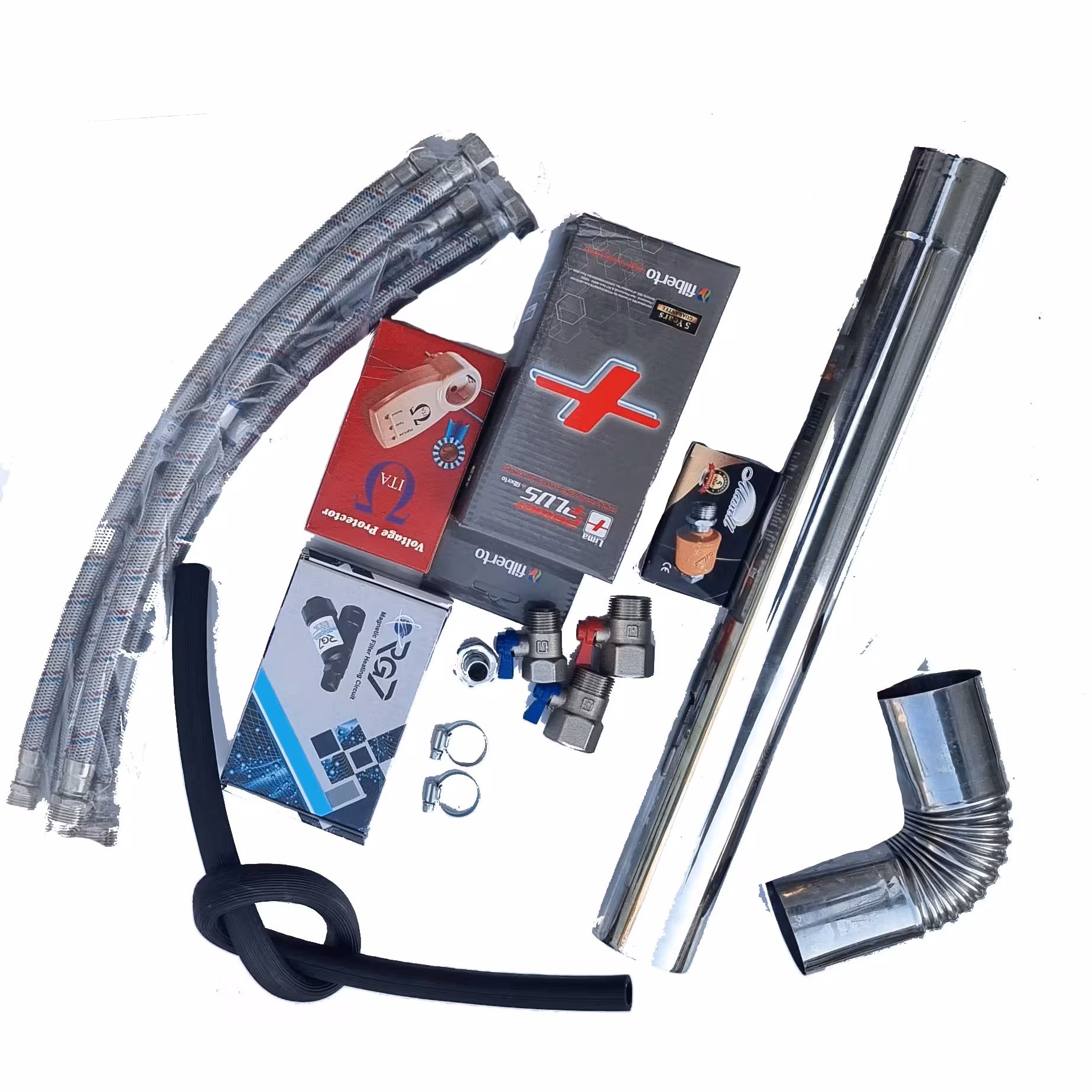 لوازم نصب پکیج شوفاژ دیواری همراه رسوبگیر پلی فسفات و فیلتر مدار گرمایش