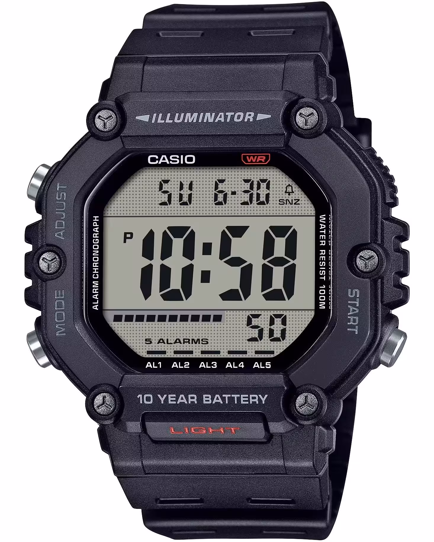 ساعت مردانه دیجیتال با بند رزین مشکی و دو زمانه با 5 زنگ هشدار مدل AE-1600H-1AV 49.7MM برند casio