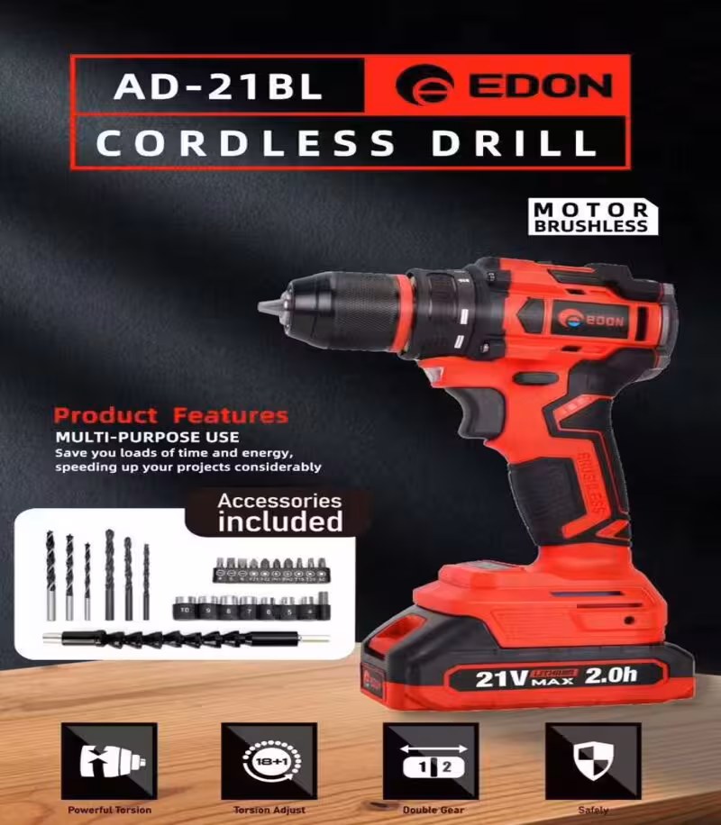 دریل شارژی پیچ گوشتی شارژی 21 ولت براشلس ادون edon مدل 21BL