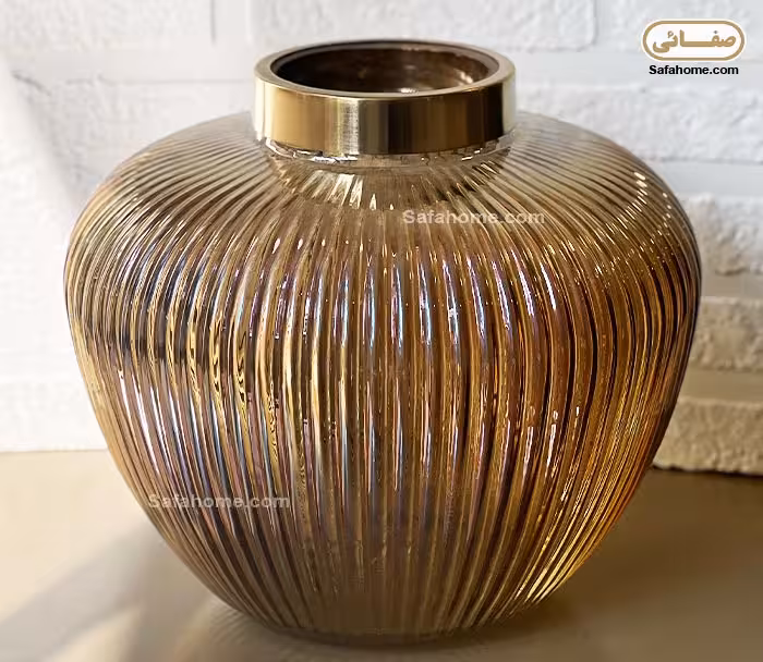 گلدان شیشه ای توپی شیاردار عسلی