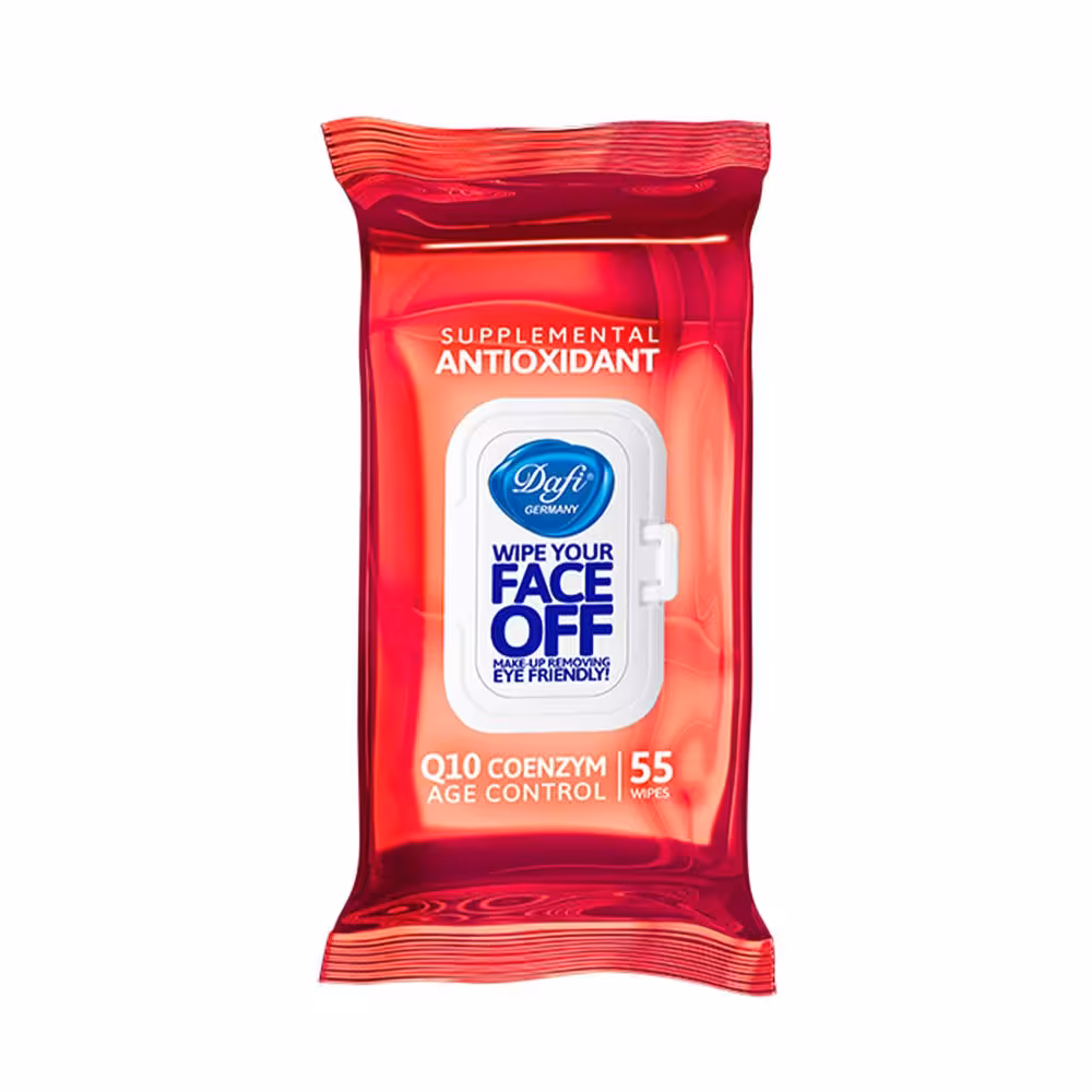 دستمال مرطوب پاک کننده آرایش حاوی Q10 دافی FACE OFF Q10 COENZYM MAKE-UP REMOVER ANTIOXIDANT| 55 WIPES DAFI