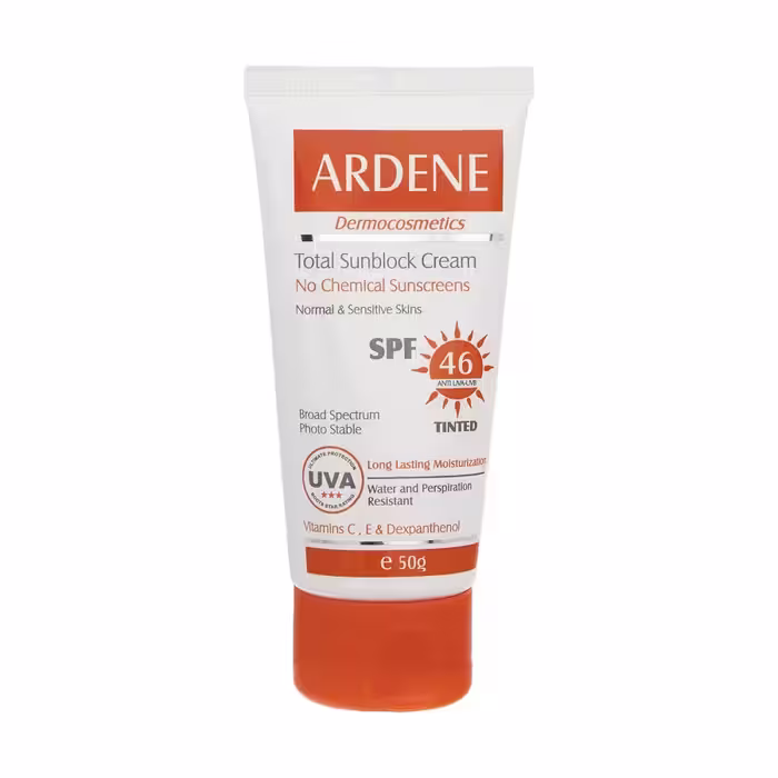 کرم ضد آفتاب رنگی SPF46 آردن فاقد جاذب های شیمیایی مناسب پوست های معمولی و حساس 50 گرم Ardene Total Sunblock Tinted Cream No Chemical Sunscreens