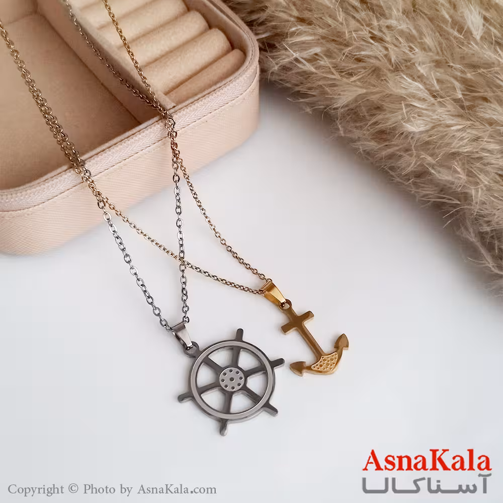 گردنبند دوتیکه ست دونفره دخترانه و پسرانه لنگر و سکان کشتی طلایی نقره ای کد GNB16625W